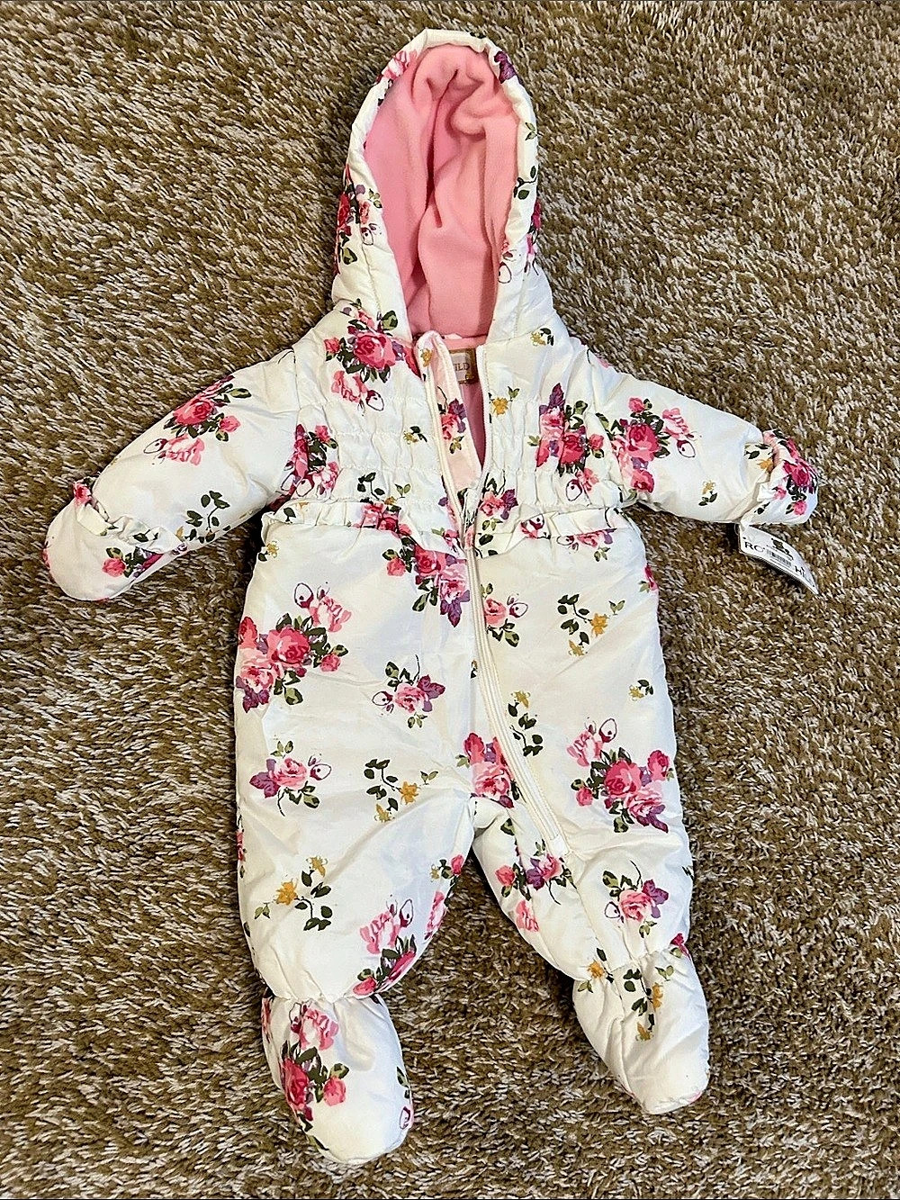 Rothschild Floral Puffer Snowsuit Bunting White & Pink Baby 6/9M